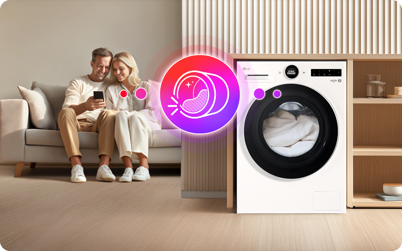 A couple controls their LG washing machine with the LG ThinQ app.